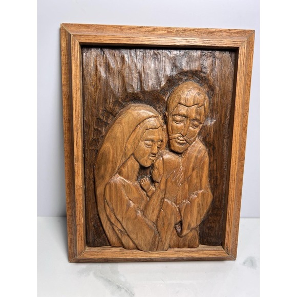 VTG Hand Carved Wooden Plaque Of Holy Family Folk Art - Picture 1 of 6